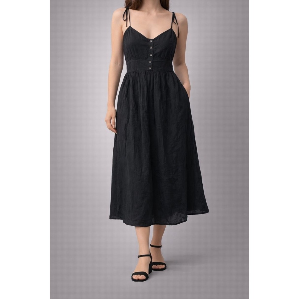 Oak + Fort Black Midi Dress Button Front Tie Straps Viscose Blend Size S